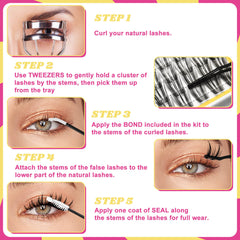 Fowendia Step-by-step guide on applying false eyelashes with illustrations and text.