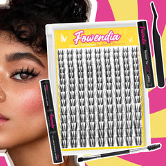 Eyelash extension set with tools and a model wearing false eyelashes on a colorful background