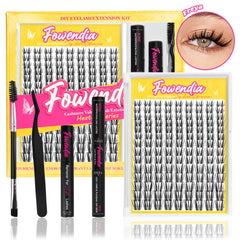 Fowendia DIY eyelash extension kit with packaging and close-up of an eye wearing false eyelashes.
