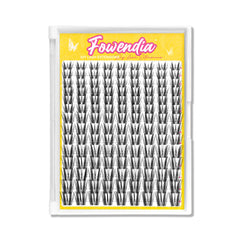 The image shows a Fowendia Freya Cat Ear Style Cluster Lashes. The packaging is primarily yellow and black with pink accents.