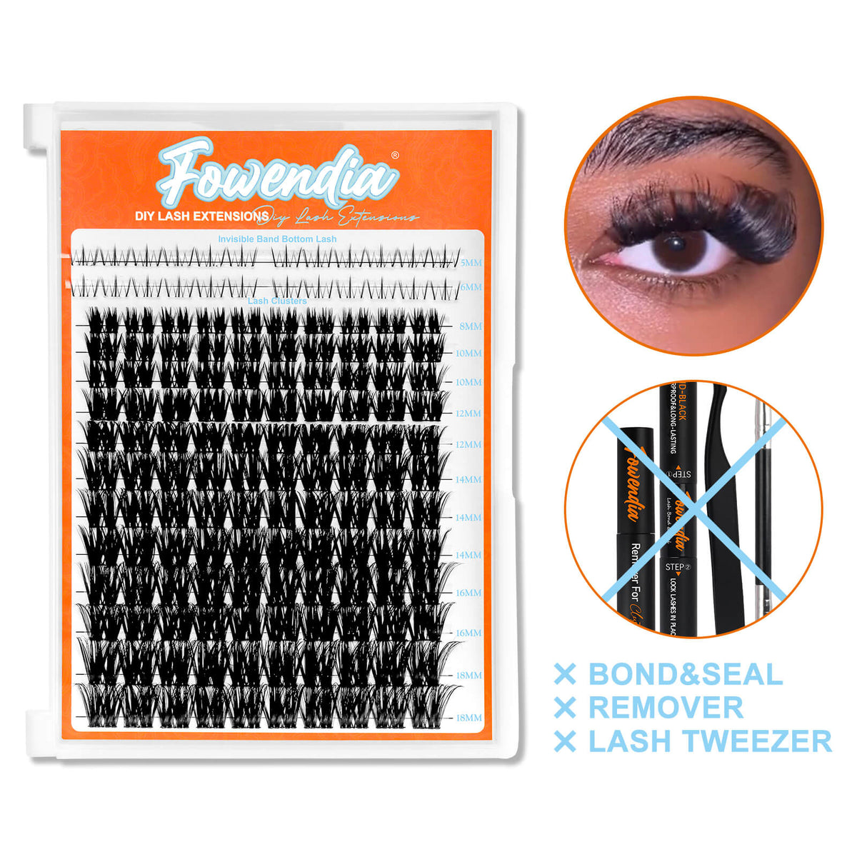 Fowendia lash extensions packaging with an eye wearing false eyelashes on a white background.
