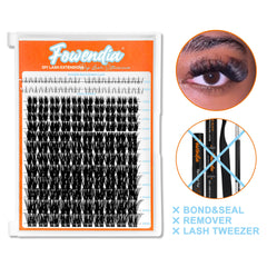 Fowendia lash extensions packaging with an eye wearing false eyelashes on a white background.