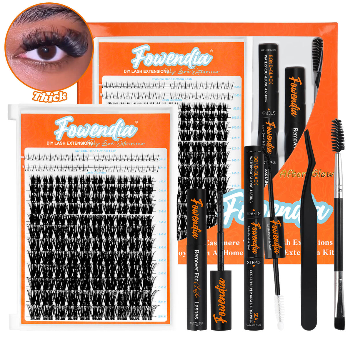 Frowendia DIY lash extensions kit with packaging, lashes, and tools on an orange background.