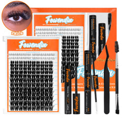 Frowendia DIY lash extensions kit with packaging, lashes, and tools on an orange background.