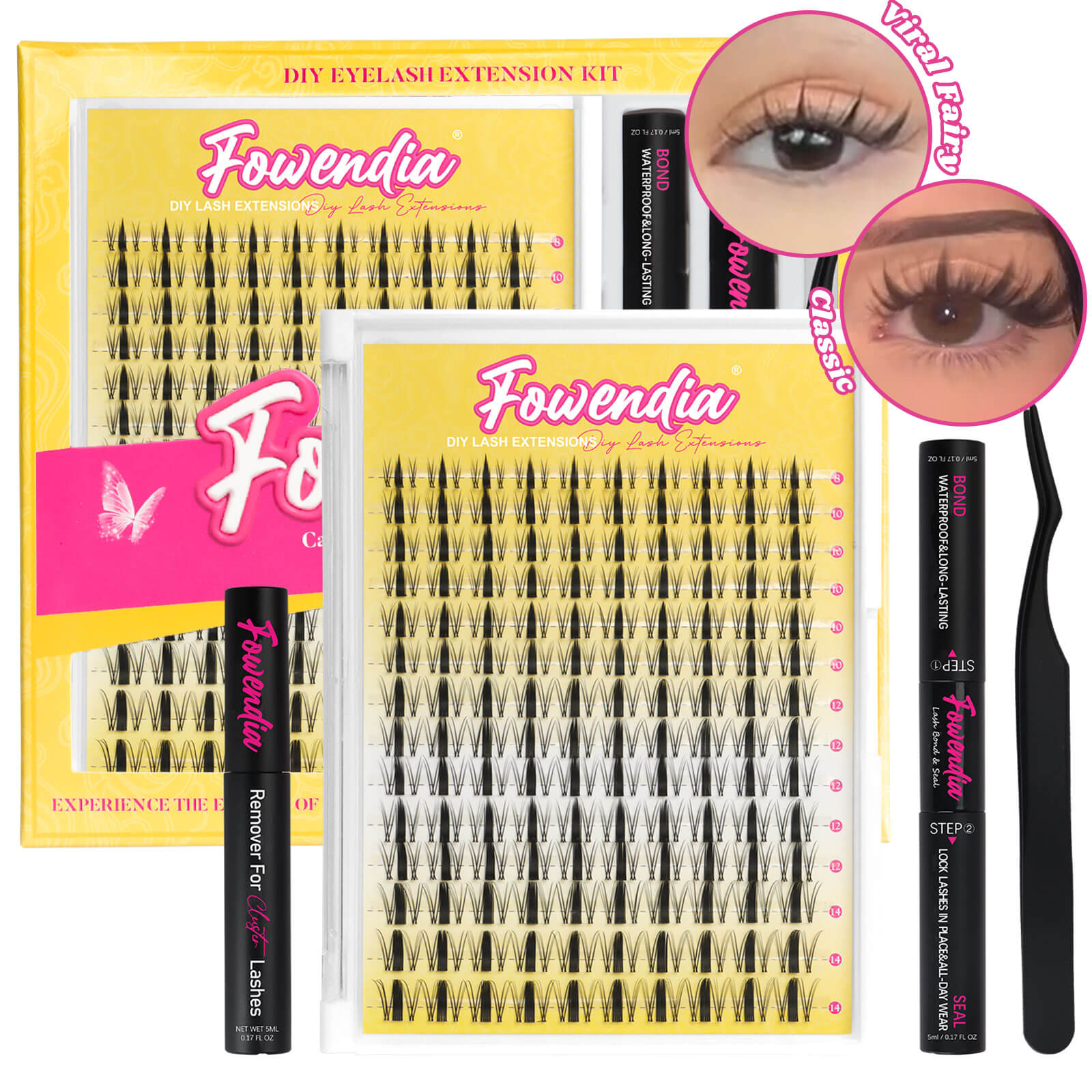 Fowendia "Wanna Be" DIY Eyelash Extension Short Kit, which includes one pack of false eyelashes, a tube of water-resistant lash adhesive, a cluster lash remover, and a lash applicator. The packaging is predominantly yellow with pink accents and features the Fowendia brand name. An inset image showcases an eye with the applied eyelashes, highlighting the 'Viral Fairy' and 'Classic Manga'style.
