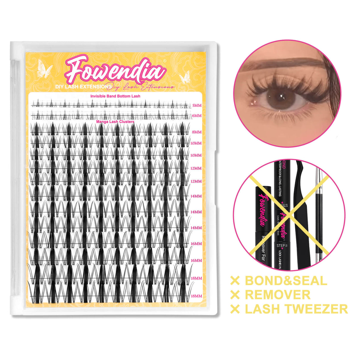 Fowendia wanna be lash packaging with a close-up of an eye wearing the lashes.